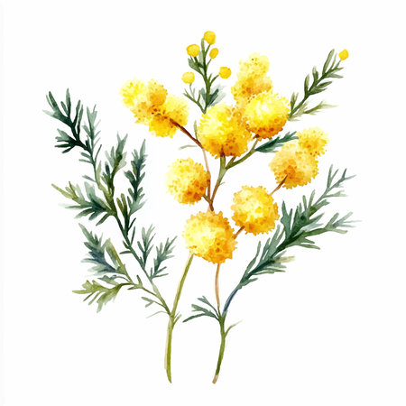 Watercolor mimosa flowers isolated on white background. Hand drawn illustration.のイラスト素材