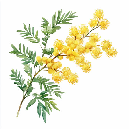Watercolor mimosa branch isolated on white background. Hand drawn illustration.のイラスト素材