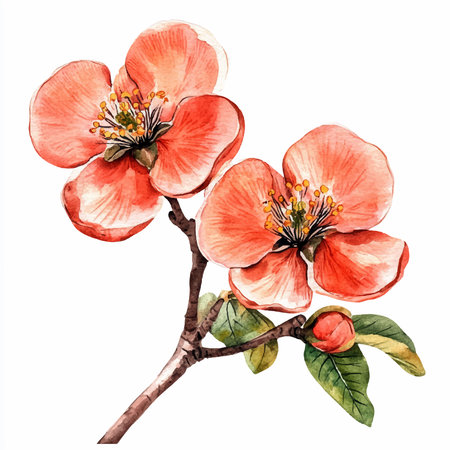 Branch of blooming Japanese quince. Watercolor illustration.のイラスト素材