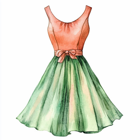 Watercolor illustration of a green skirt with a red bow on a white backgroundのイラスト素材