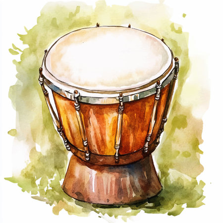 Watercolor illustration of a drum on a green watercolor background.のイラスト素材