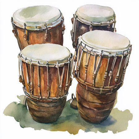 Watercolor image of two drums on a white background. Hand drawn illustrationのイラスト素材