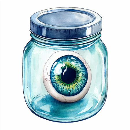 Watercolor illustration of an eye in a glass jar on a white backgroundのイラスト素材