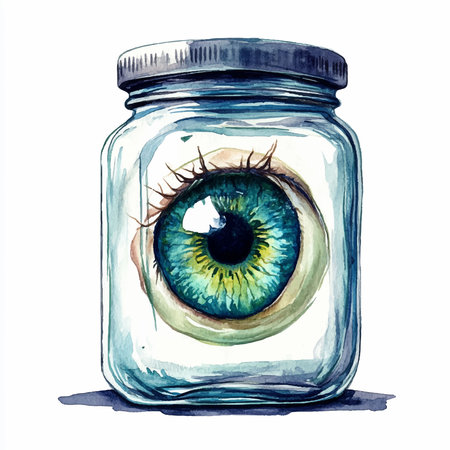 Watercolor illustration of an eye in a glass jar. Hand drawn illustrationのイラスト素材