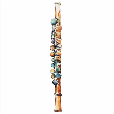 Watercolor illustration of a wooden flute with multicolored beadsのイラスト素材