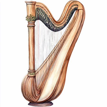 Harp isolated on white background. Watercolor hand drawn illustration.のイラスト素材