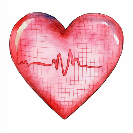Watercolor heart with electrocardiogram on a white background.