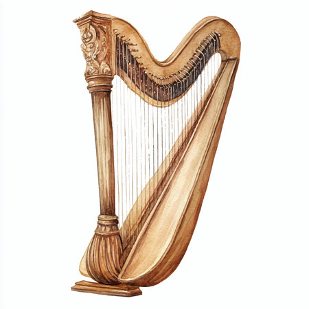 Harp isolated on white background. Watercolor illustration of a musical instrument.
