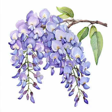 Wisteria flowers. Watercolor illustration. Isolated on white background.のイラスト素材