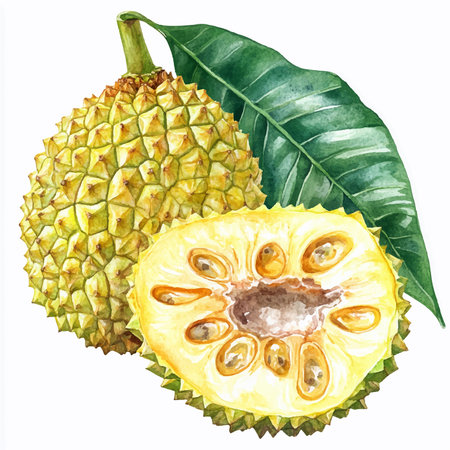Watercolor illustration of durian. Exotic fruit on white background