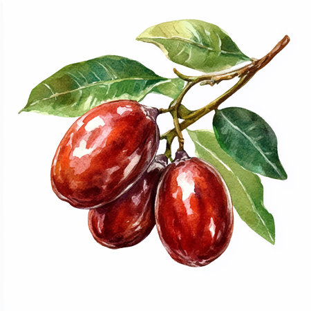 Watercolor illustration of jujube fruits with leaves. Hand drawn berry.のイラスト素材