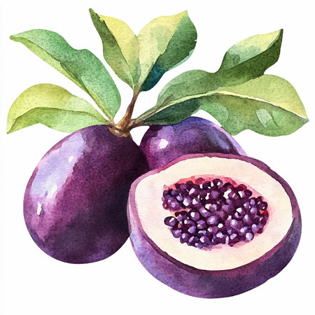 Watercolor painting of passion fruit on white background. Hand drawn illustration.のイラスト素材