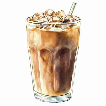 Iced coffee in a glass with straw. Watercolor hand drawn illustration