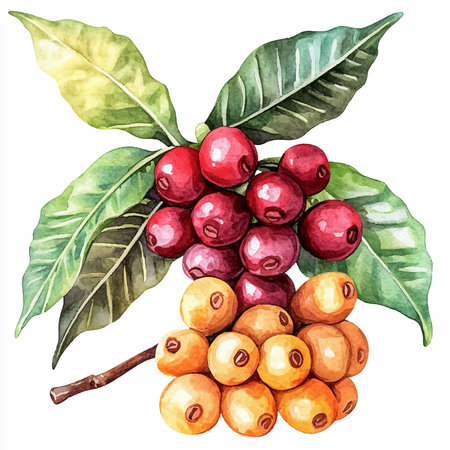 Coffee branch with ripe berries and leaves. Watercolor hand drawn illustrationのイラスト素材