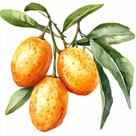 Watercolor illustration of kumquat fruit with leaves on white backgroundのイラスト素材