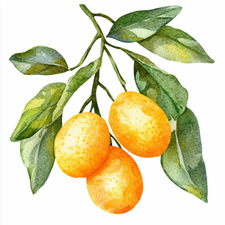 Watercolor tangerines on the branch. Hand drawn illustration.のイラスト素材
