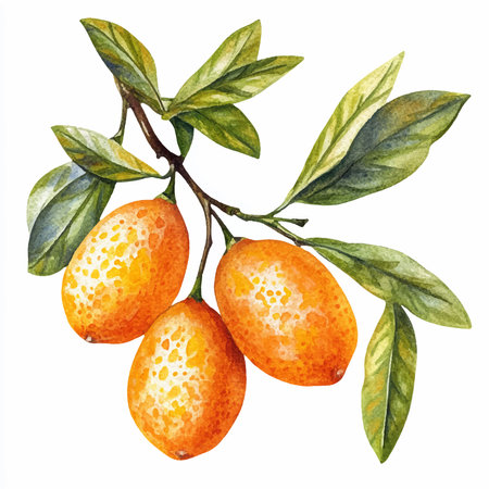 Watercolor illustration of kumquat fruits on branch with leaves.のイラスト素材