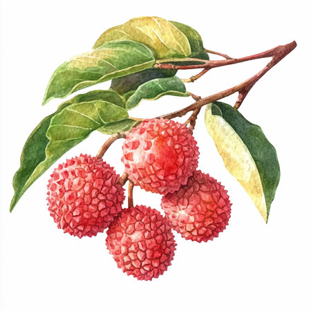 Lychee branch with ripe fruits. Watercolor hand drawn illustrationのイラスト素材