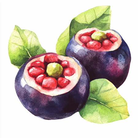 Watercolor hand drawn illustration of mangosteen with green leaves.のイラスト素材