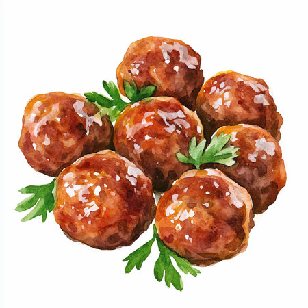 Watercolor illustration of meatballs with parsley on a white backgroundのイラスト素材