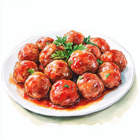 Meatballs in tomato sauce on a plate. Hand drawn watercolor illustrationのイラスト素材