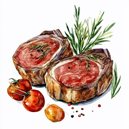 Beef steak with rosemary, tomatoes and pepper. Watercolor hand drawn illustrationのイラスト素材