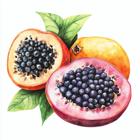 Watercolor illustration of tropical fruits: papaya, blackberry and blueberryのイラスト素材