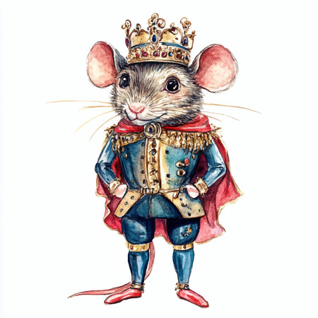 Hand drawn watercolor illustration of a cute little mouse in a crown.のイラスト素材