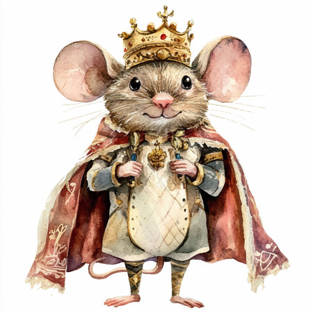 Watercolor image of a cute little mouse in a crown and cloakのイラスト素材