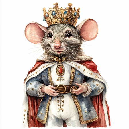 Portrait of cute rat with crown. Watercolor hand drawn illustrationのイラスト素材