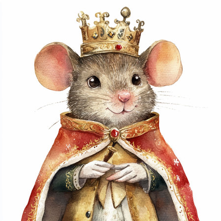 Watercolor illustration of a cute little mouse in a crown on a white backgroundのイラスト素材