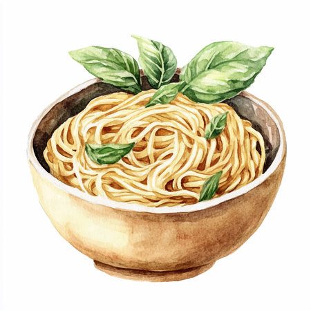 Hand drawn watercolor illustration of spaghetti with basil and parmesanのイラスト素材