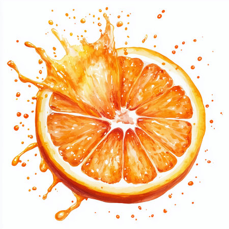 Orange juice splash isolated on white background. Watercolor hand drawn illustrationのイラスト素材