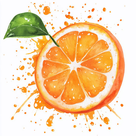Orange fruit with leaf and watercolor splashes. Vector illustration.のイラスト素材