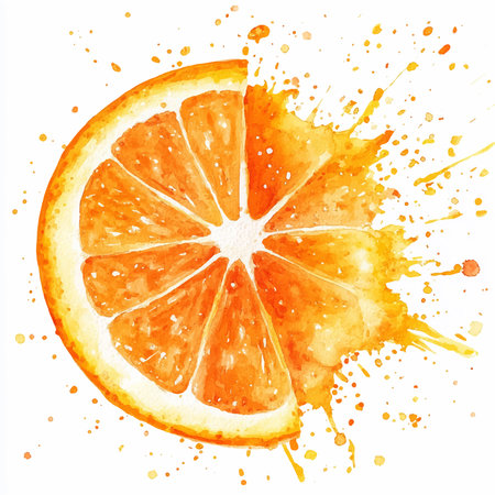Orange slice on a white background with watercolor splashes. Vector illustration.のイラスト素材