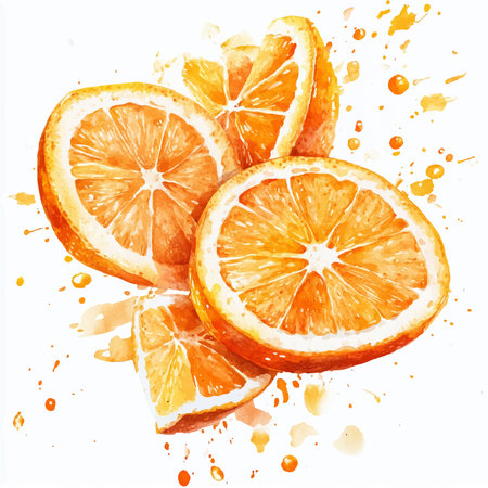 Slices of orange fruit with watercolor splashes on white backgroundのイラスト素材