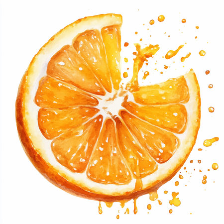 Watercolor illustration of orange slice with juice splash isolated on white backgroundのイラスト素材