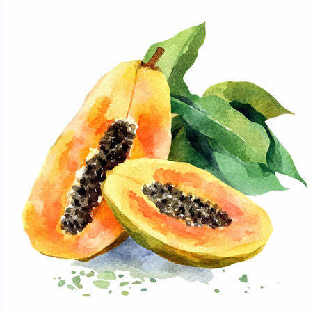 Watercolor illustration of papaya. Isolated on white background.のイラスト素材