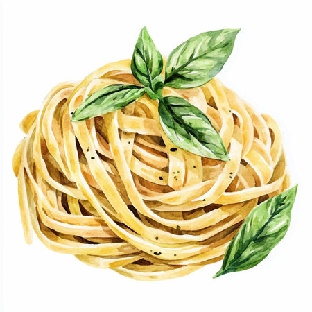 Spaghetti with basil. Watercolor hand drawn illustration on white backgroundのイラスト素材