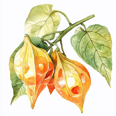 Watercolor image of physalis on a branch. Hand drawn illustrationのイラスト素材