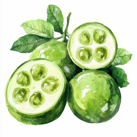 Watercolor illustration of feijoa fruit with leaves isolated on white backgroundのイラスト素材