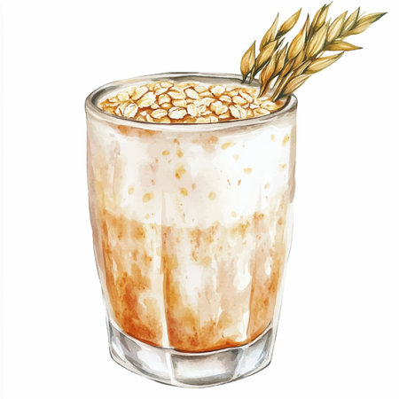 Watercolor glass of milkshake with oat flakes. Hand drawn illustrationのイラスト素材