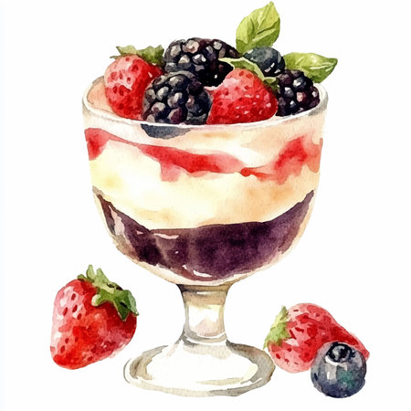 Panna cotta with fresh berries. Hand drawn watercolor illustrationのイラスト素材