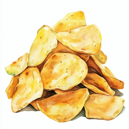 Pile of potato chips isolated on white background. Watercolor hand drawn illustrationのイラスト素材
