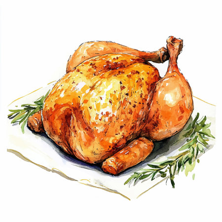 Illustration of roasted turkey with rosemary on a white background.のイラスト素材