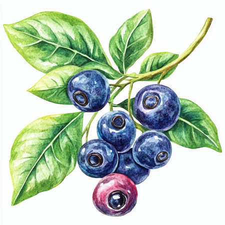 Blueberry with leaves. Hand drawn watercolor illustration on white backgroundのイラスト素材