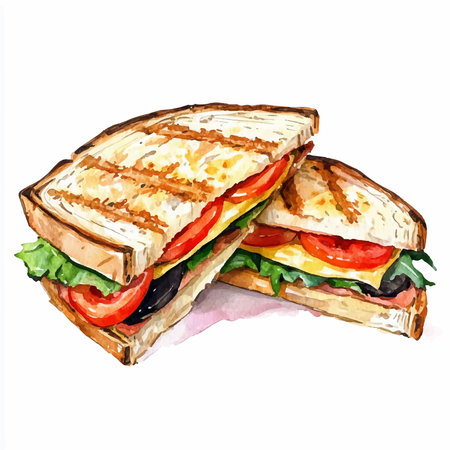 Sandwich with cheese, tomato and lettuce. Hand drawn watercolor illustrationのイラスト素材