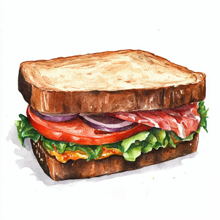Watercolor illustration of a sandwich with ham, lettuce, tomato and cheeseのイラスト素材