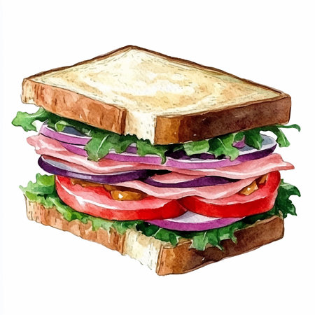 Watercolor illustration of a sandwich with ham, cheese, tomato, lettuce and onionのイラスト素材