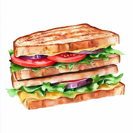 Sandwich with ham, cheese and vegetables. Watercolor hand drawn illustrationのイラスト素材